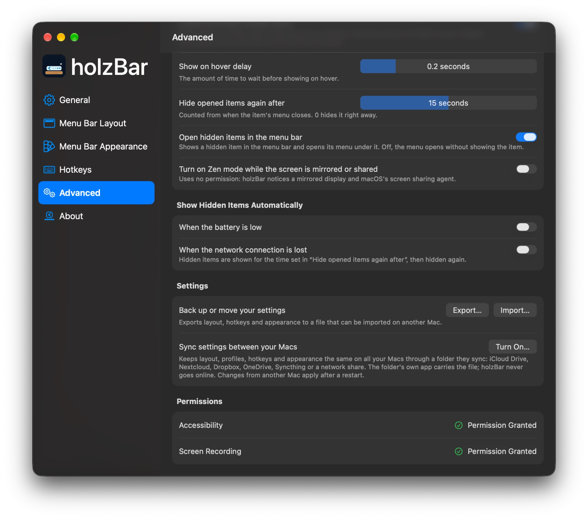 Einstellungen von holzBar, Bereich Advanced weiter unten: versteckte Symbole automatisch zeigen, Export… und Import…, Sync settings between your Macs mit Turn On… über iCloud Drive, Nextcloud, Dropbox, OneDrive, Syncthing oder eine Netzwerkfreigabe sowie Bedienungshilfen und Bildschirmaufnahme, beide erlaubt