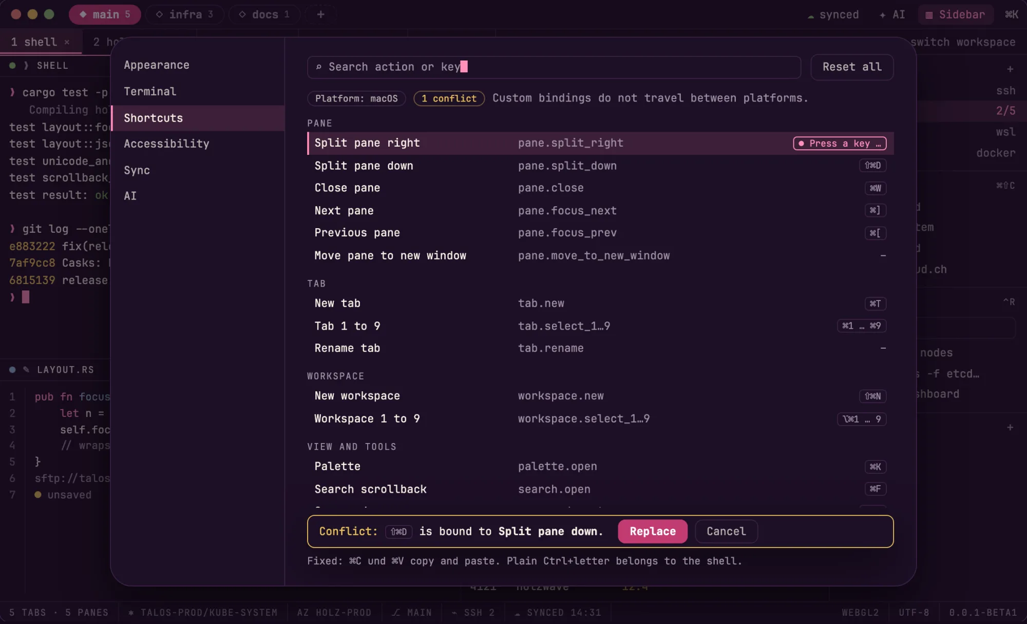 Der Tastenkürzel-Editor von holzWave: Aktionen nach Pane, Tab, Workspace und Werkzeugen gruppiert, eine Taste wird aufgenommen und ein Konflikt bietet Ersetzen oder Abbrechen an