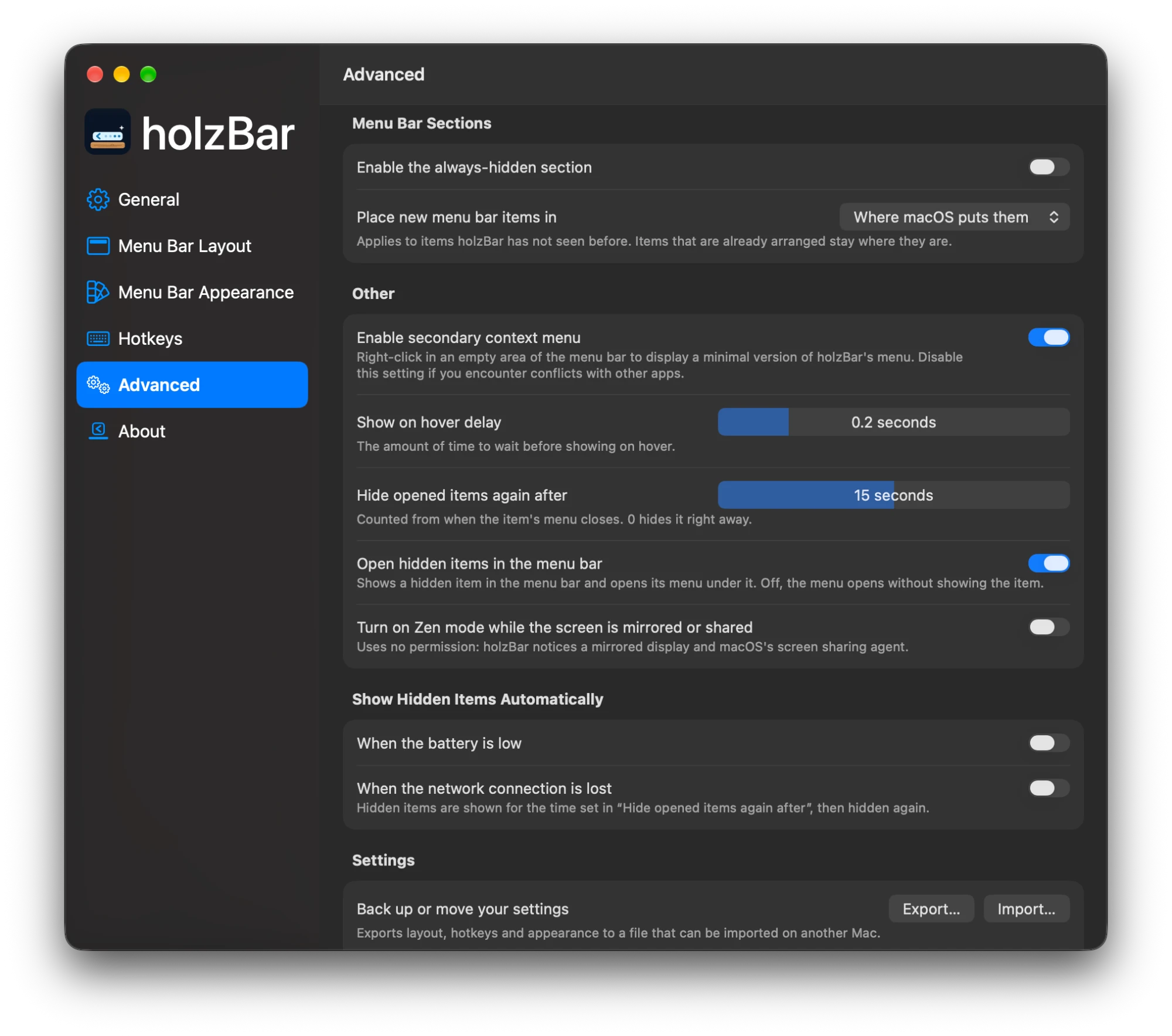 Einstellungen von holzBar, Bereich Advanced: immer versteckte Zone, Trennzeichen, Platz für neue Symbole, Live-Aktivitäten, App-Menüs ausblenden, zweites Kontextmenü und Verzögerungen für Hover und vorübergehend gezeigte Symbole