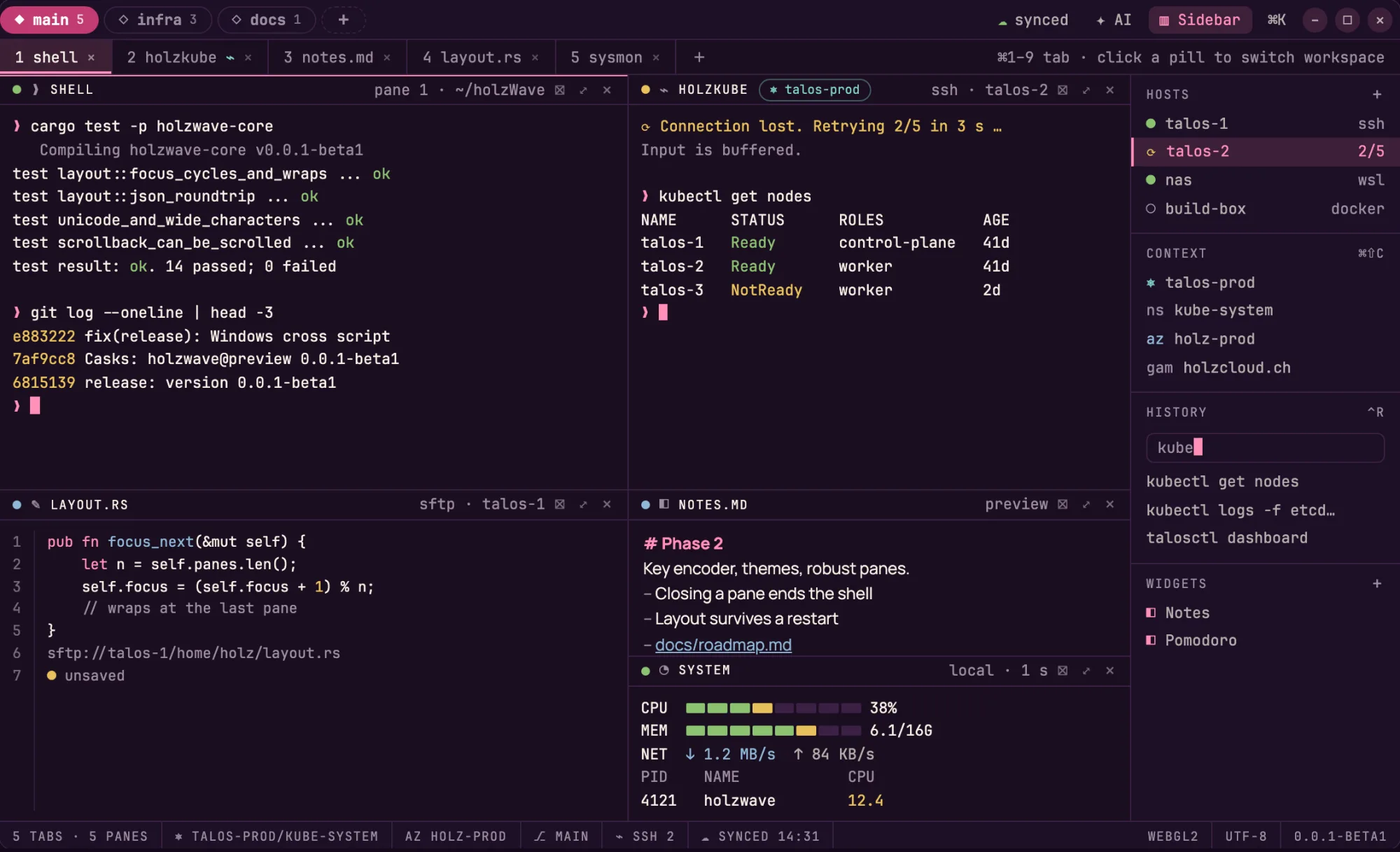 Das holzWave-Fenster unter Linux: dieselben Workspaces, Tabs und gekachelten Panes mit runden Fensterknöpfen oben rechts