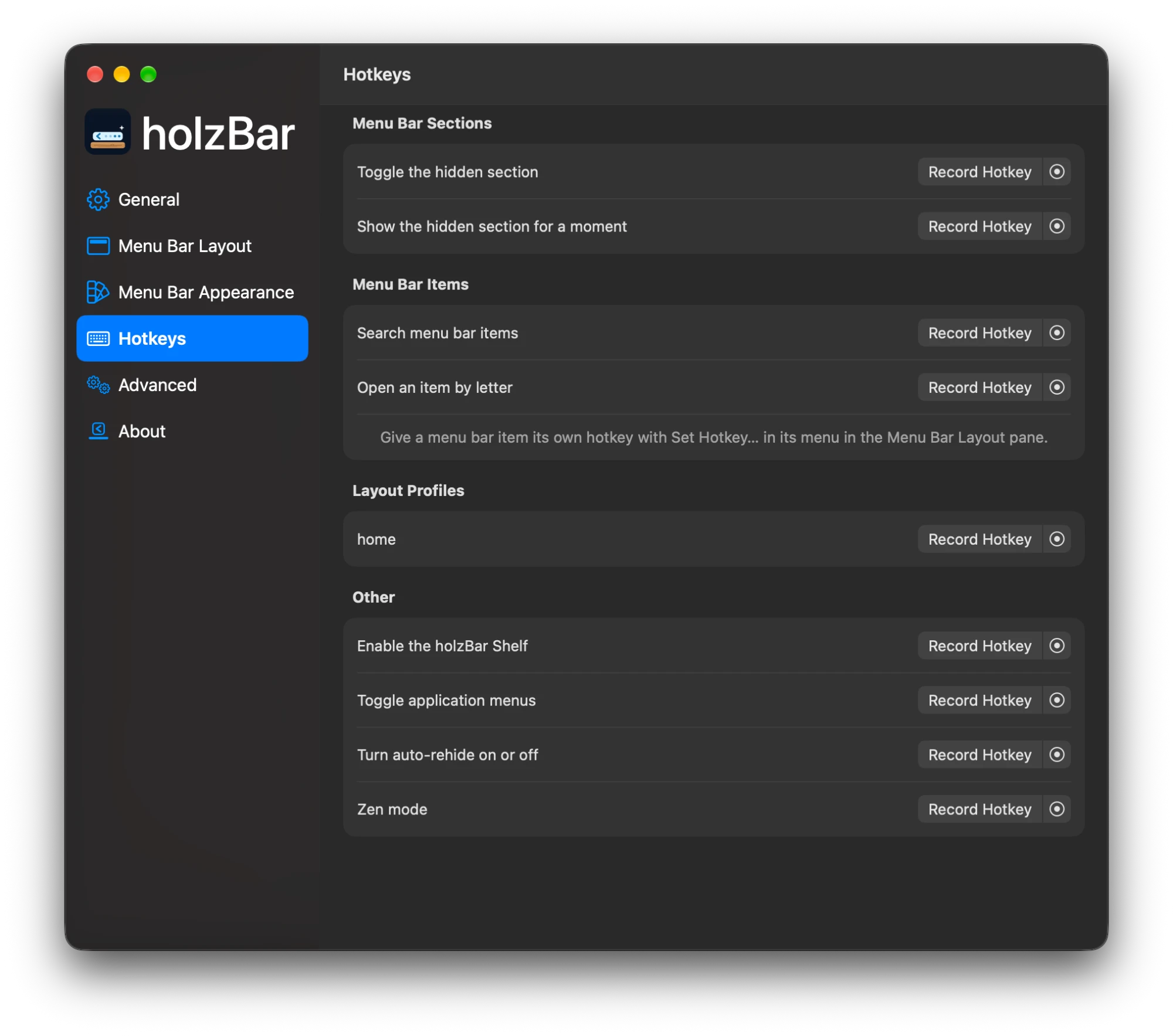 Einstellungen von holzBar, Bereich Hotkeys: Tastenkürzel für die versteckte Zone, die Suche, das Öffnen eines Symbols per Buchstabe, das Layout-Profil home, das holzBar Shelf, App-Menüs, das automatische Wiederverbergen und den Zen-Modus, jeweils mit Record Hotkey