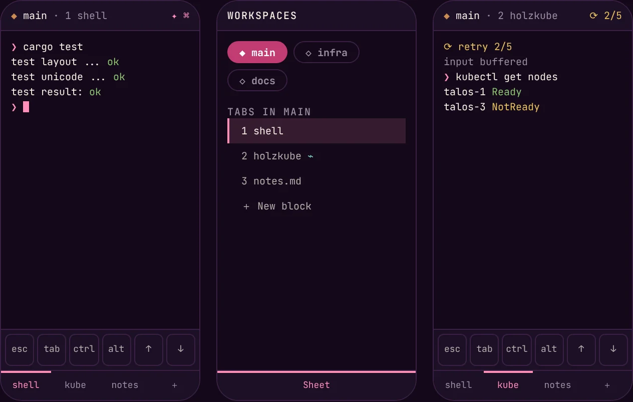 holzWave auf dem Telefon in drei Ansichten: ein Pane pro Bildschirm mit einer Tastenzeile über der Systemtastatur, ein Blatt mit Workspaces und den Tabs des gezeigten Workspace und ein Pane, das sich neu verbindet