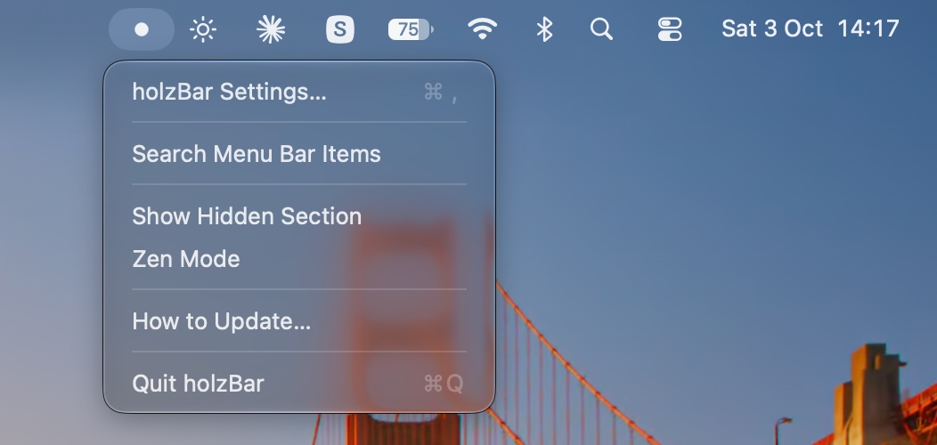 Das Menü von holzBar: holzBar Settings…, Search Menu Bar Items, Show Hidden Section, Zen Mode, How to Update…, Quit holzBar