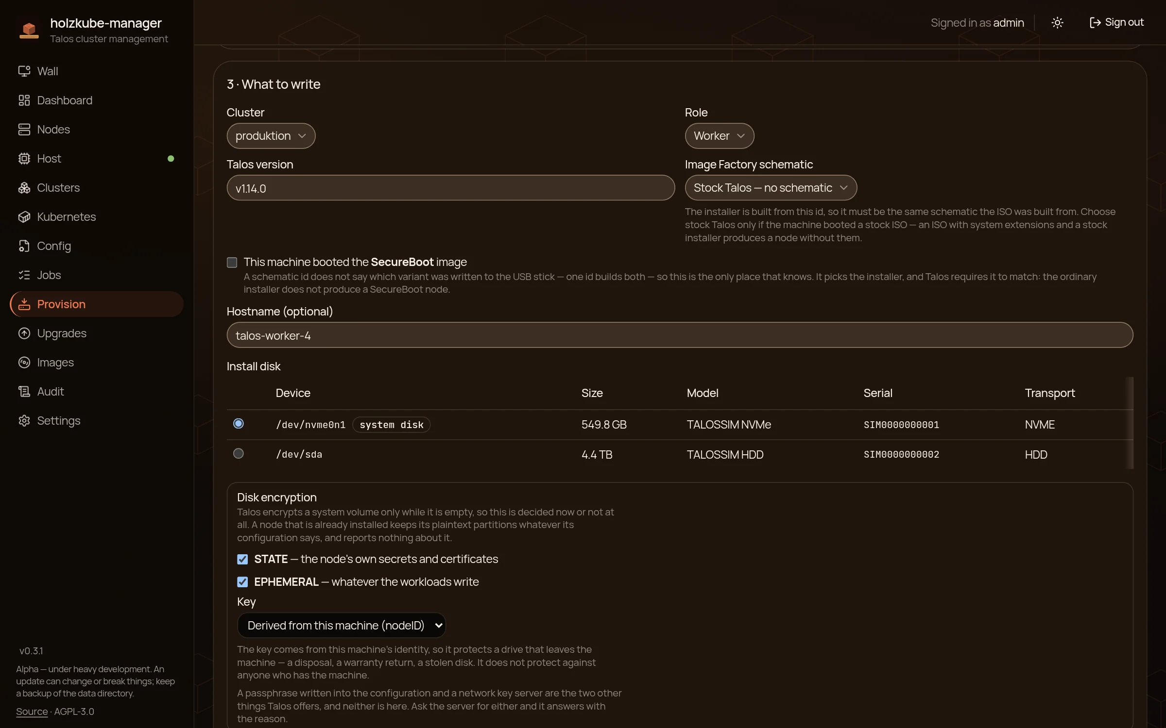 Provisionierungs-Assistent mit Auswahl von Cluster, Rolle, Talos-Version, Installationsdisk und Festplattenverschlüsselung