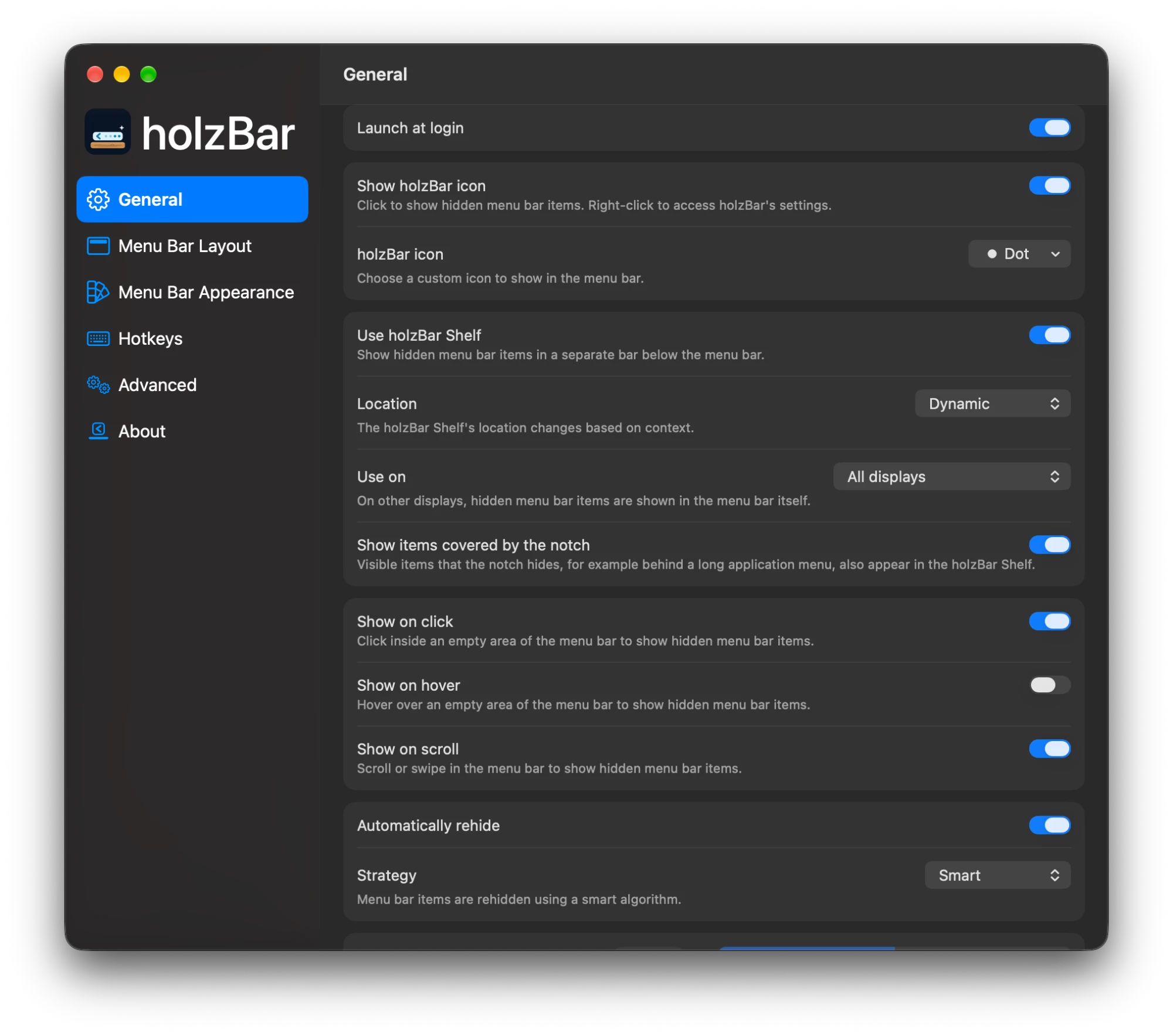 Einstellungen von holzBar, Bereich General: Launch at login, das holzBar-Symbol, das holzBar Shelf mit Platz, Bildschirmen und vom Notch verdeckten Symbolen, Zeigen per Klick, Hover oder Scrollen und automatisches Wiederverbergen mit der Strategie Smart