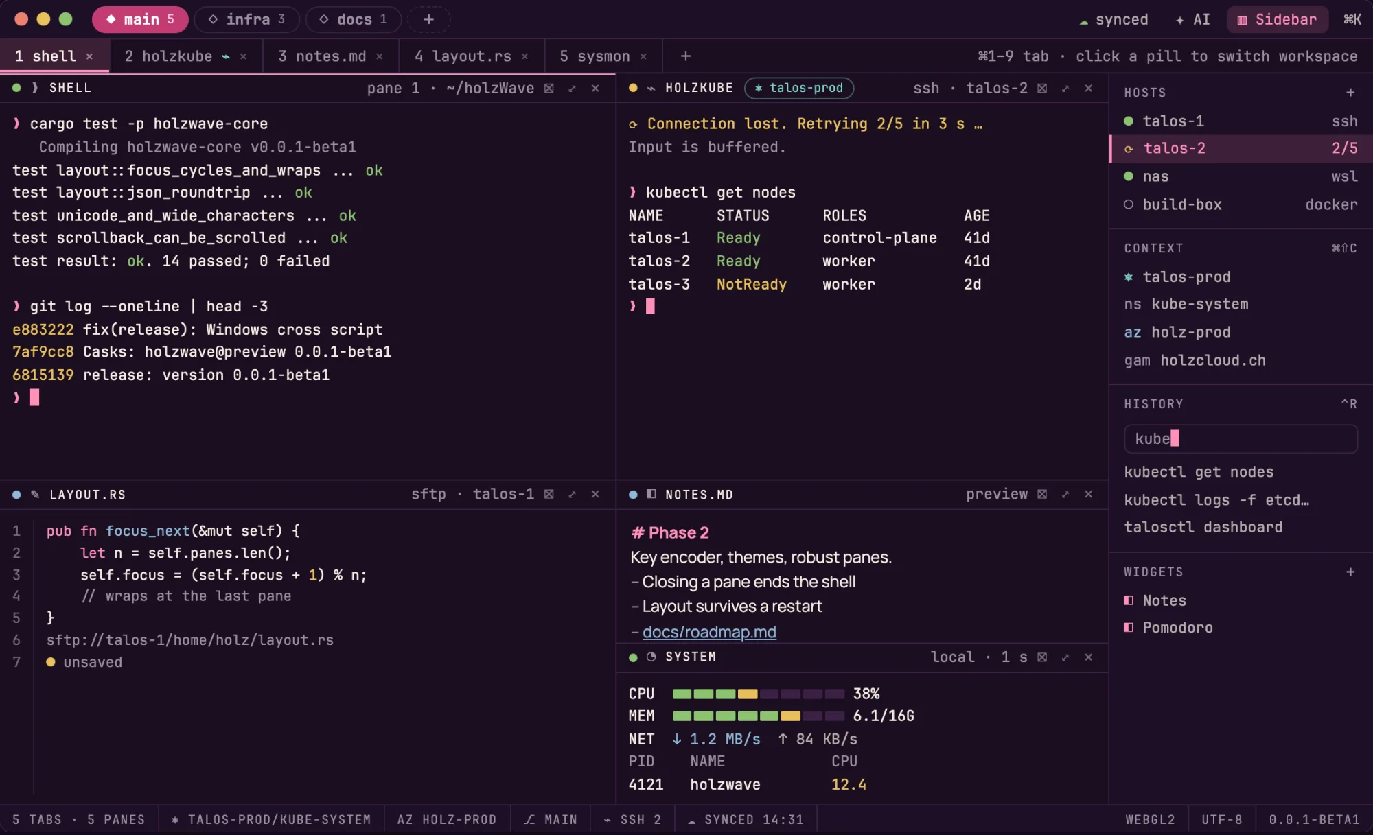 Das holzWave-Fenster unter macOS: oben Workspace-Pillen und nummerierte Tabs, als gekachelte Panes eine Shell, ein SSH-Pane, ein Editor, eine Markdown-Vorschau und ein Systemmonitor, rechts eine Seitenleiste mit Hosts, Kontext und Verlauf, unten eine Statuszeile