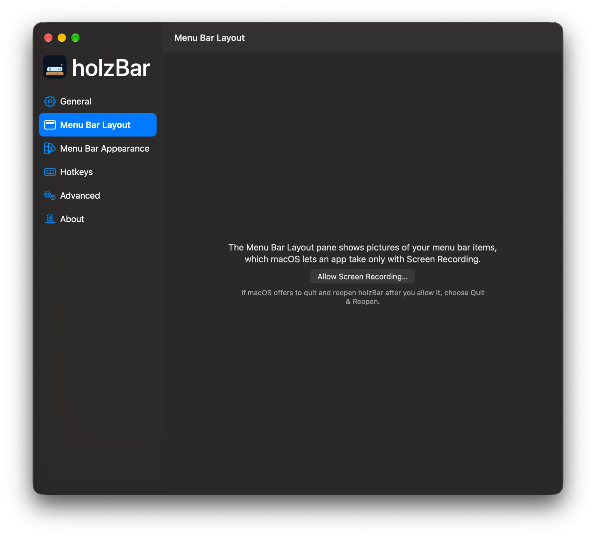 Einstellungen von holzBar, Bereich Menu Bar Layout ohne Bildschirmaufnahme: Er erklärt, dass der Bereich Bilder der Menüleisten-Symbole zeigt, die macOS einer App nur mit der Bildschirmaufnahme erlaubt, mit dem Knopf Allow Screen Recording…