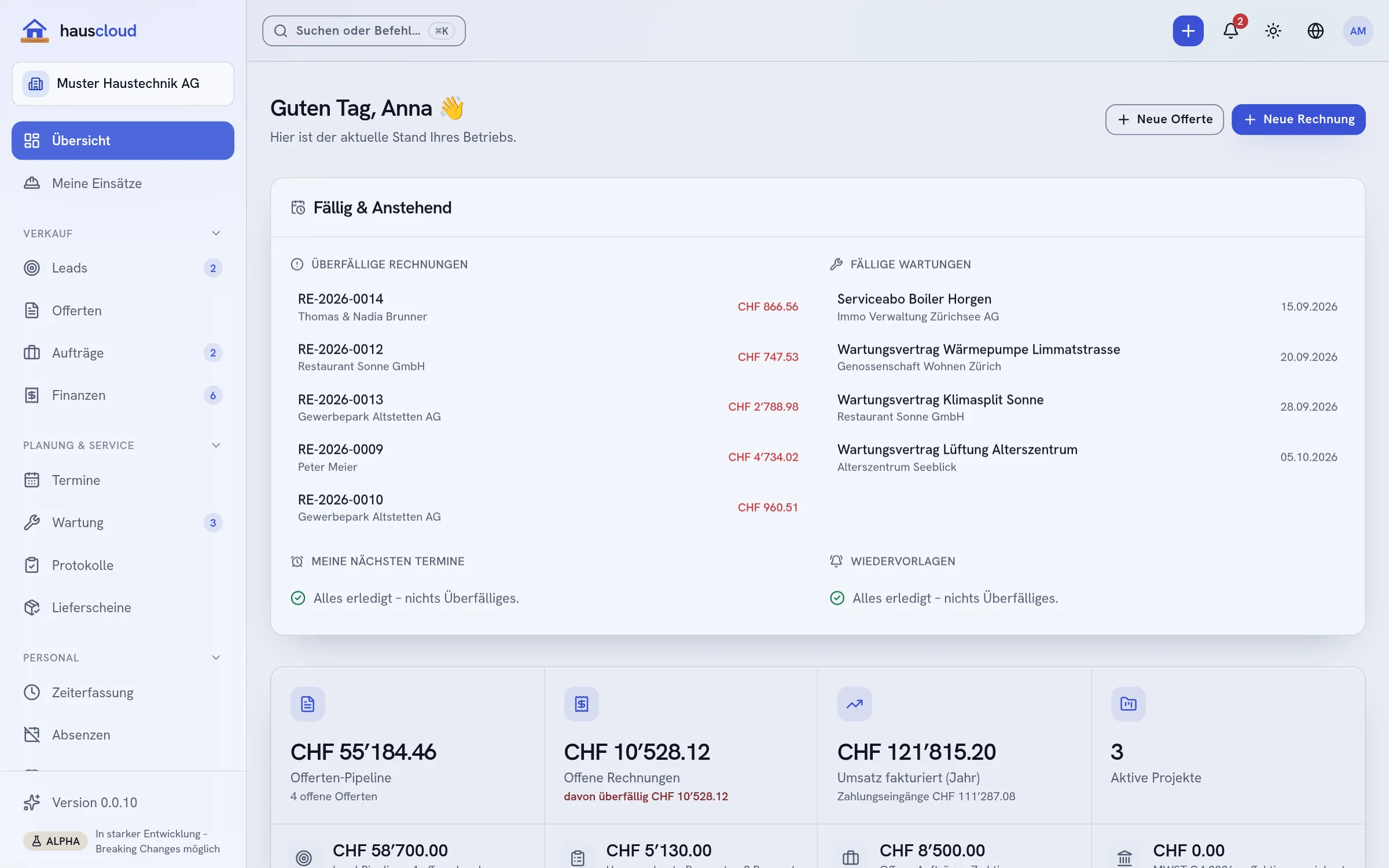 hauscloud-Übersicht mit überfälligen Rechnungen, fälligen Wartungen und den nächsten Terminen