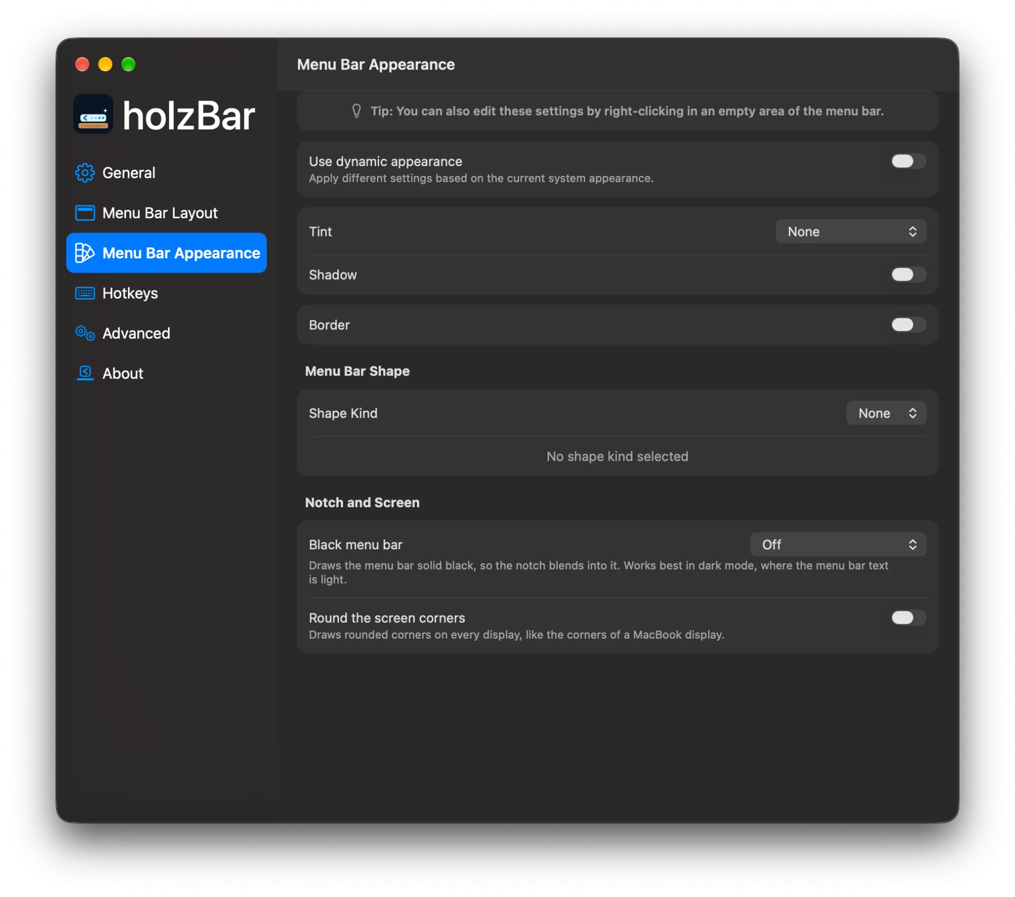 Einstellungen von holzBar, Bereich Menu Bar Appearance: Dynamic appearance, Tint, Shadow, Border, Shape Kind, Black menu bar und Round the screen corners