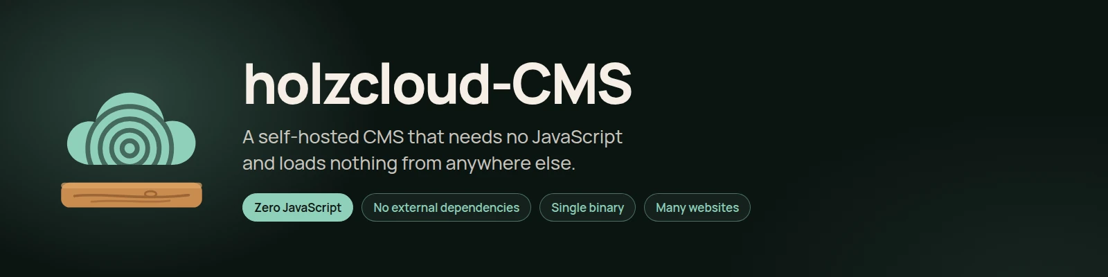 holzcloud-CMS: eine Wolke mit runden Jahrringen auf einem Holzbrett, daneben der Name, „A self-hosted CMS that needs no JavaScript and loads nothing from anywhere else.“ und die Stichworte Zero JavaScript, No external dependencies, Single binary, Many websites