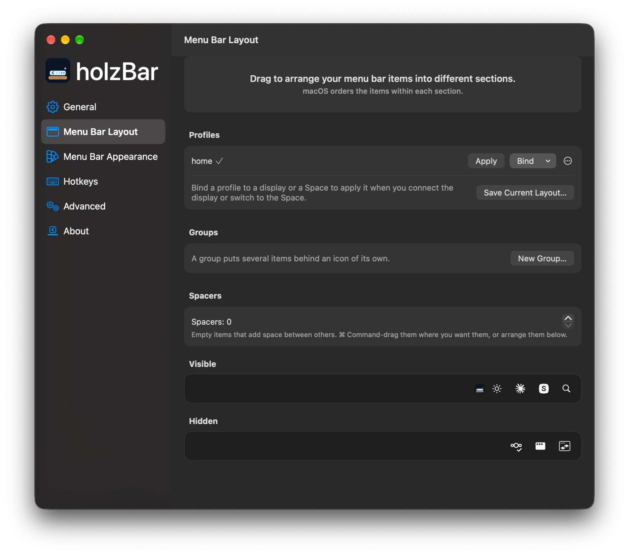 Einstellungen von holzBar, Bereich Menu Bar Layout: das Profil home mit Apply und Bind, Save Current Layout…, Gruppen mit New Group…, Abstandhalter und die Zonen Visible und Hidden mit den Symbolen der Menüleiste