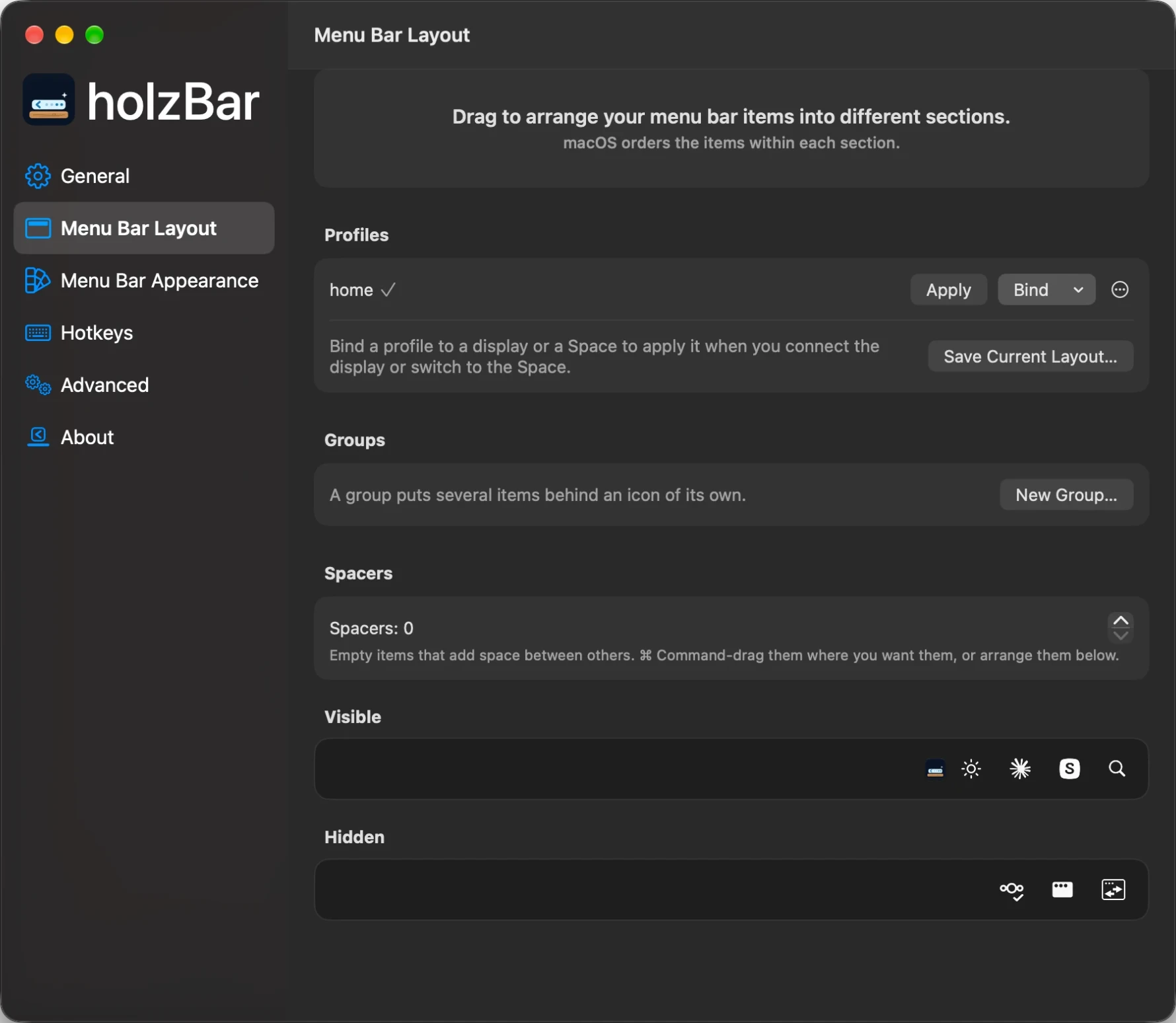 holzBar-Einstellungen «Menu Bar Layout»: oben die sichtbaren, unten die versteckten Symbole der Menüleiste