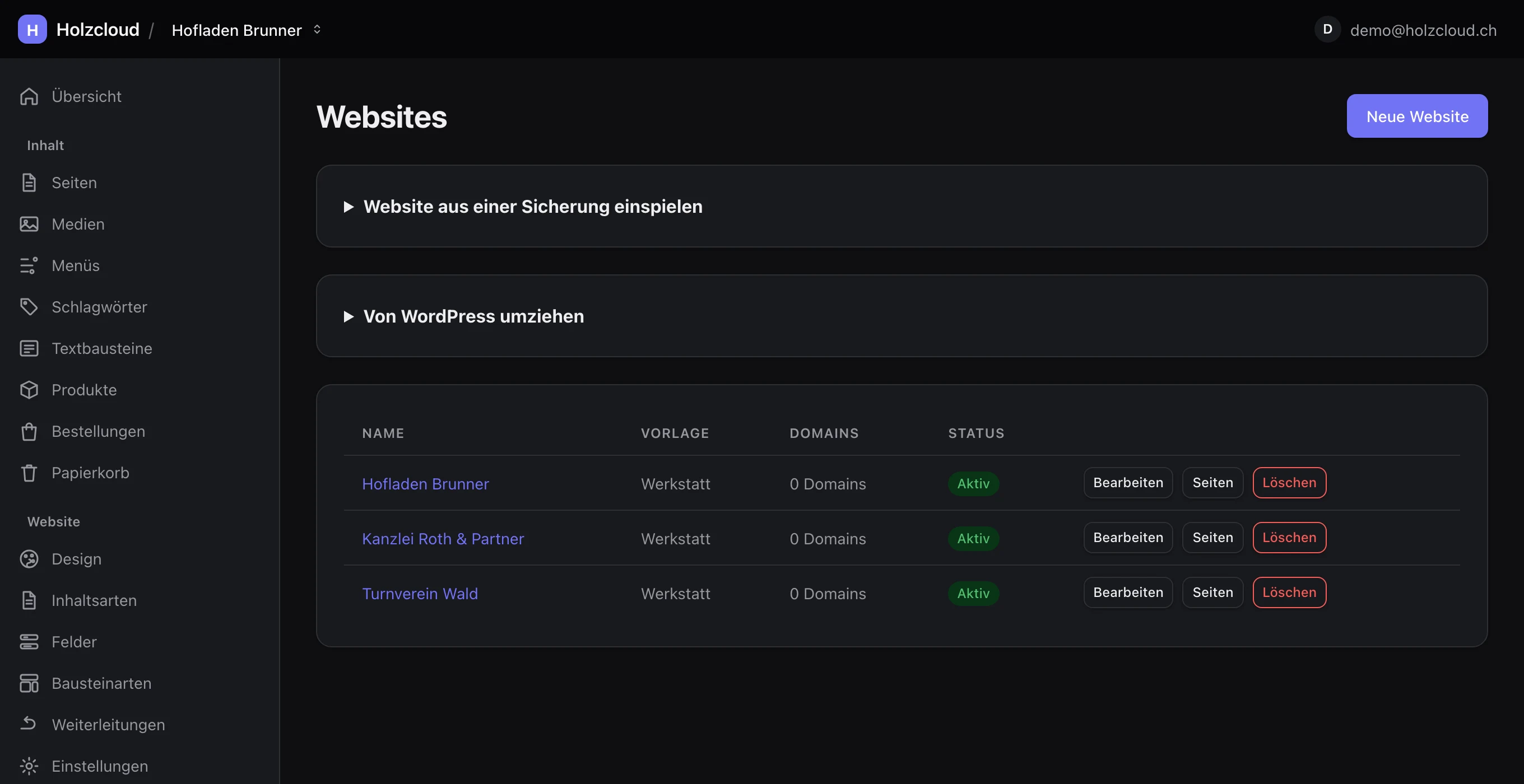 Die Website-Liste von holzcloud-cms mit Vorlage, Domainzahl und Status je Auftritt.