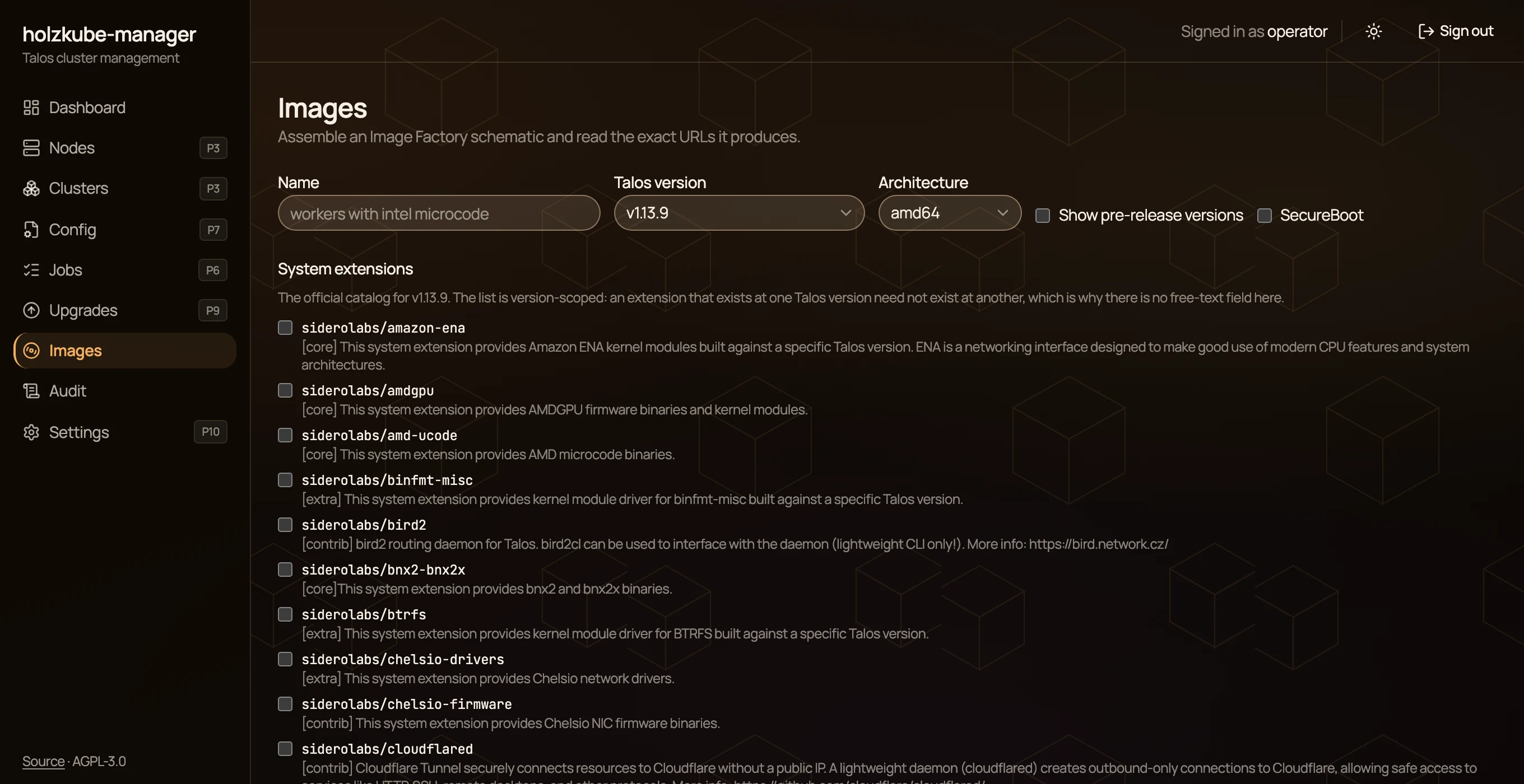 Die Images-Ansicht von holzkube-manager mit Talos-Version, Architektur und der Liste der System-Erweiterungen.